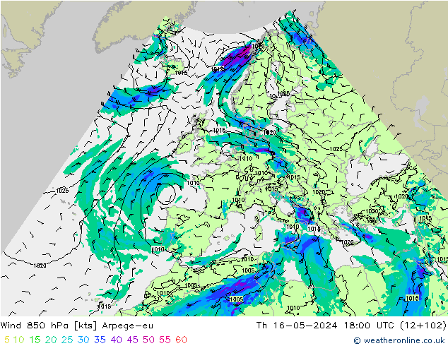 Wind 850 hPa Arpege-eu Do 16.05.2024 18 UTC