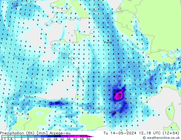 Precipitation (6h) Arpege-eu Tu 14.05.2024 18 UTC