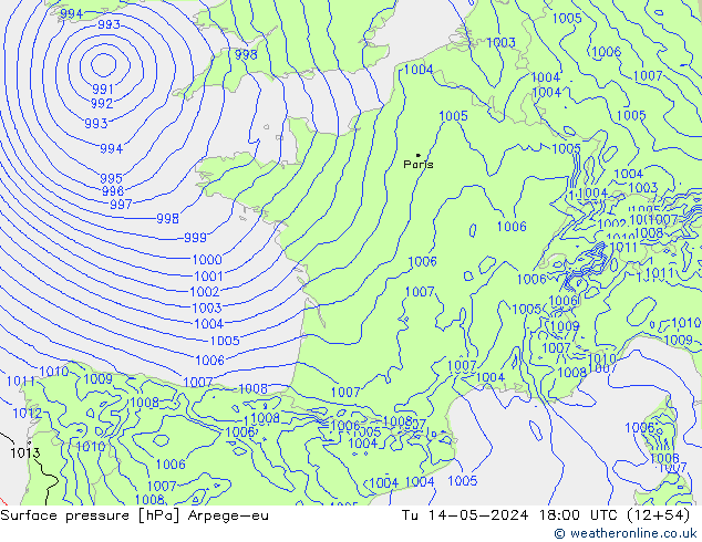 Surface pressure Arpege-eu Tu 14.05.2024 18 UTC