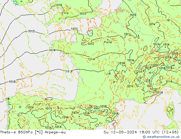 Theta-e 850hPa Arpege-eu So 12.05.2024 18 UTC