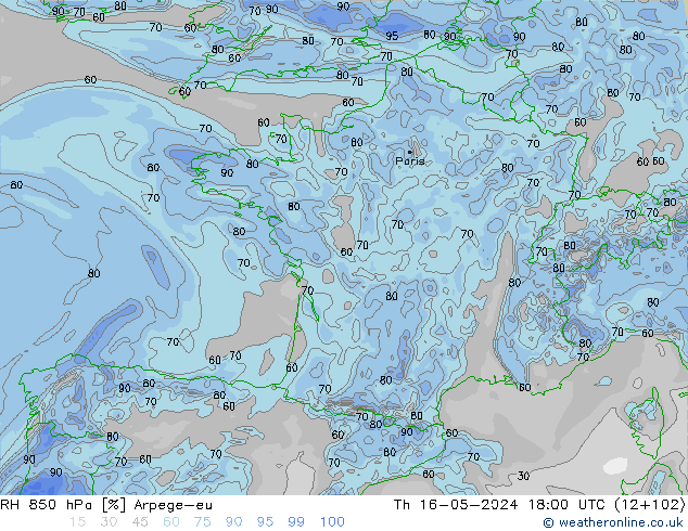 Humedad rel. 850hPa Arpege-eu jue 16.05.2024 18 UTC