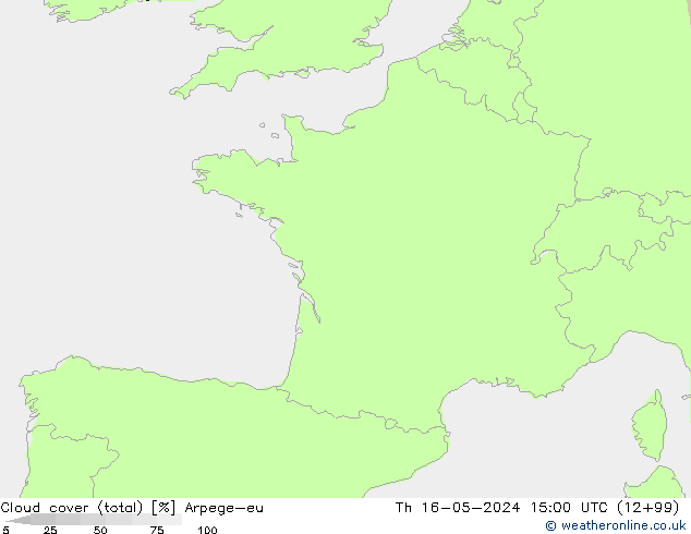 Cloud cover (total) Arpege-eu Th 16.05.2024 15 UTC
