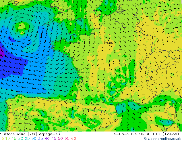 Surface wind Arpege-eu Út 14.05.2024 00 UTC