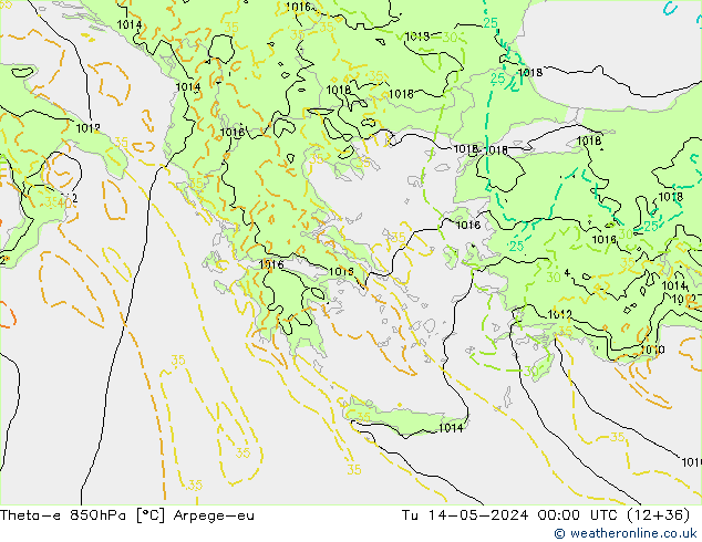 Theta-e 850hPa Arpege-eu Di 14.05.2024 00 UTC