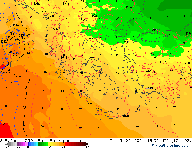 SLP/Temp. 850 hPa Arpege-eu jeu 16.05.2024 18 UTC