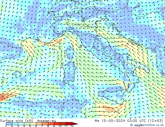Wind 10 m (bft) Arpege-eu wo 15.05.2024 03 UTC