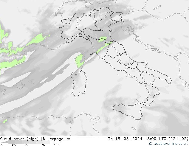 Cloud cover (high) Arpege-eu Th 16.05.2024 18 UTC