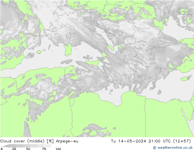 Cloud cover (middle) Arpege-eu Tu 14.05.2024 21 UTC