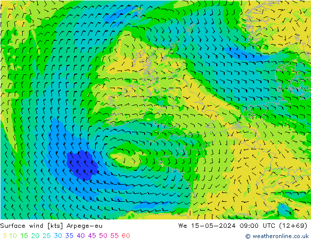Rüzgar 10 m Arpege-eu Çar 15.05.2024 09 UTC