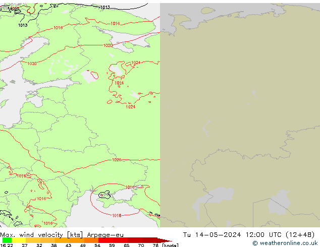 Max. wind velocity Arpege-eu Út 14.05.2024 12 UTC