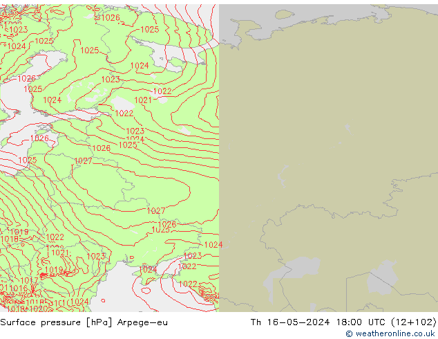 Pressione al suolo Arpege-eu gio 16.05.2024 18 UTC