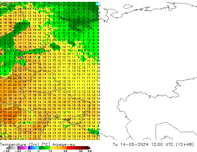 Temperatuurkaart (2m) Arpege-eu di 14.05.2024 12 UTC