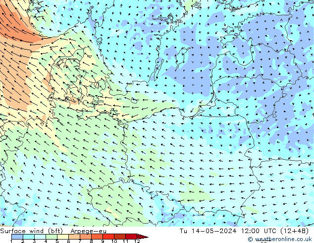 Surface wind (bft) Arpege-eu Tu 14.05.2024 12 UTC