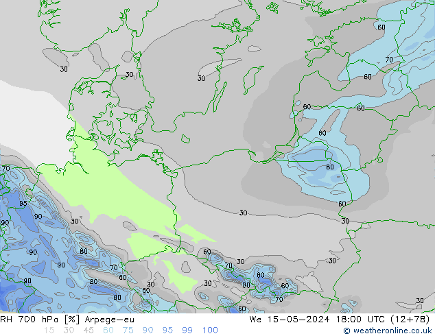 Humidité rel. 700 hPa Arpege-eu mer 15.05.2024 18 UTC