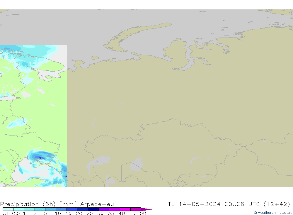 Précipitation (6h) Arpege-eu mar 14.05.2024 06 UTC