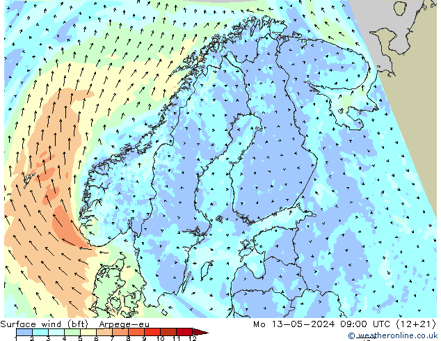 ве�Bе�@ 10 m (bft) Arpege-eu пн 13.05.2024 09 UTC