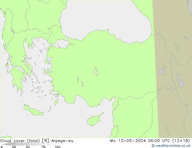 Cloud cover (total) Arpege-eu Mo 13.05.2024 06 UTC