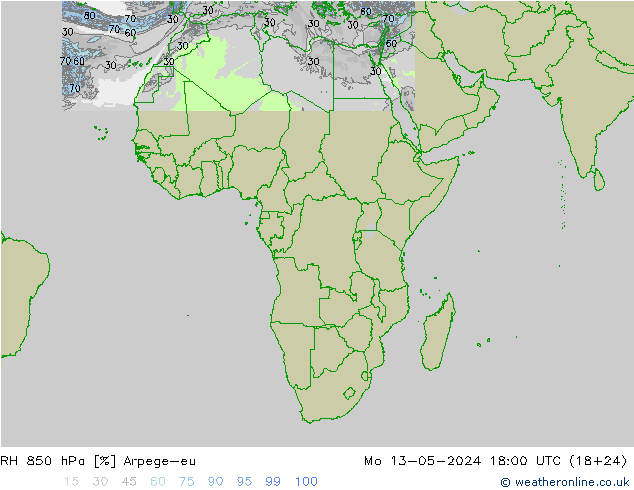 RH 850 гПа Arpege-eu пн 13.05.2024 18 UTC