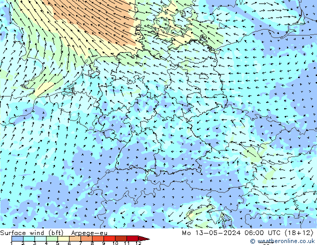 Surface wind (bft) Arpege-eu Mo 13.05.2024 06 UTC