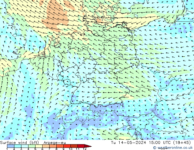 Surface wind (bft) Arpege-eu Tu 14.05.2024 15 UTC