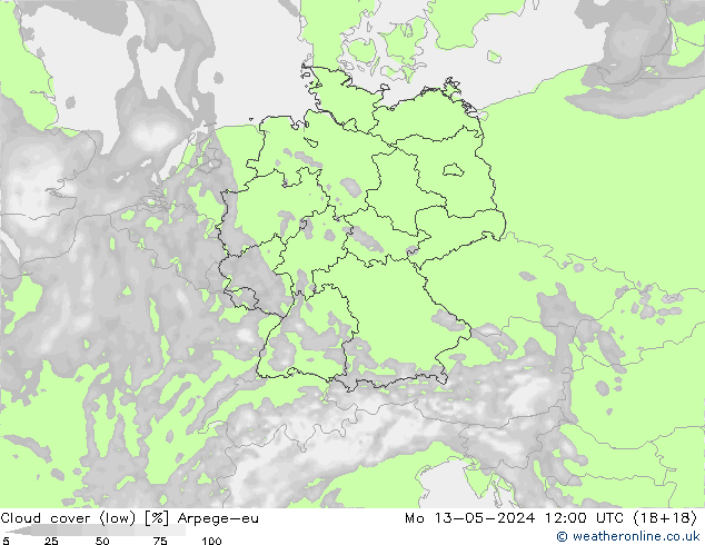 nízká oblaka Arpege-eu Po 13.05.2024 12 UTC