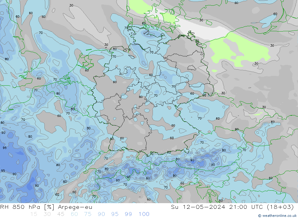 RH 850 hPa Arpege-eu 星期日 12.05.2024 21 UTC