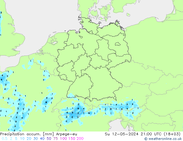 Precipitation accum. Arpege-eu 星期日 12.05.2024 21 UTC