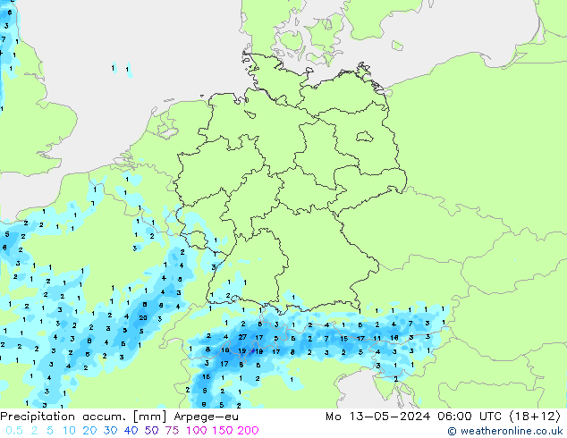 Precipitation accum. Arpege-eu Seg 13.05.2024 06 UTC