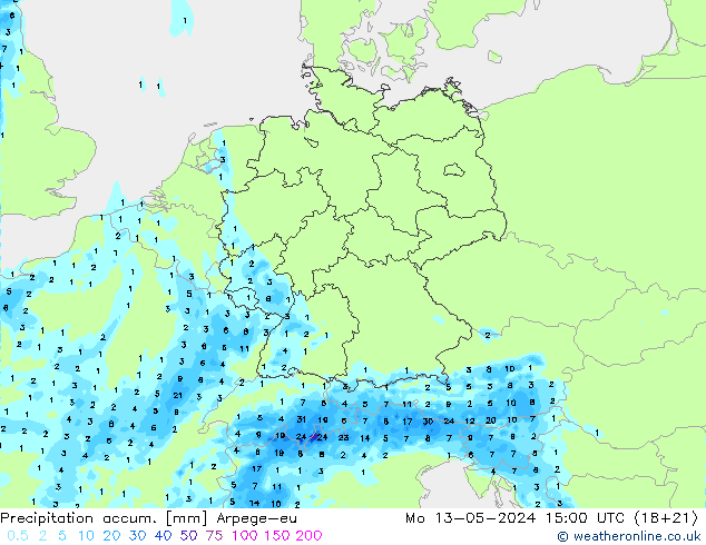 Precipitation accum. Arpege-eu 星期一 13.05.2024 15 UTC
