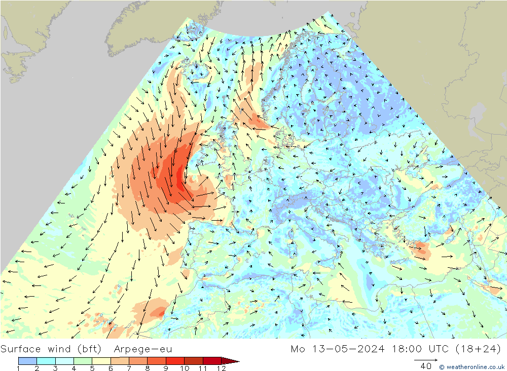 Surface wind (bft) Arpege-eu Mo 13.05.2024 18 UTC