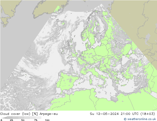 Cloud cover (low) Arpege-eu Su 12.05.2024 21 UTC