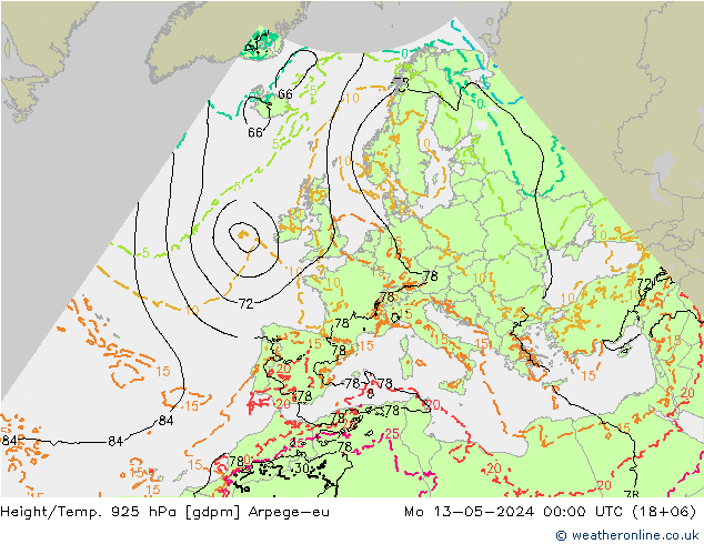 Height/Temp. 925 hPa Arpege-eu Mo 13.05.2024 00 UTC