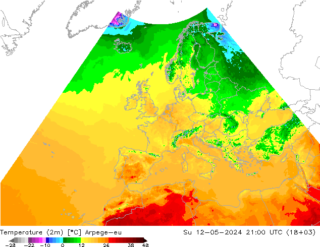 Temperaturkarte (2m) Arpege-eu So 12.05.2024 21 UTC