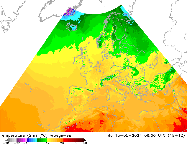 Temperaturkarte (2m) Arpege-eu Mo 13.05.2024 06 UTC
