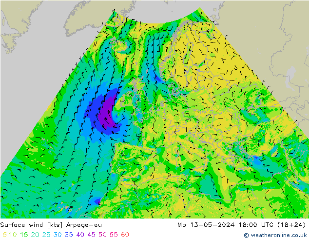 Surface wind Arpege-eu Mo 13.05.2024 18 UTC