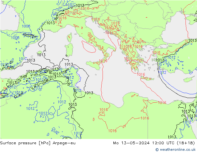 Surface pressure Arpege-eu Mo 13.05.2024 12 UTC