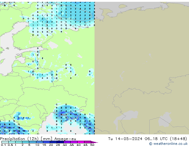 Totale neerslag (12h) Arpege-eu di 14.05.2024 18 UTC