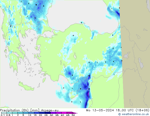 Precipitazione (6h) Arpege-eu lun 13.05.2024 00 UTC