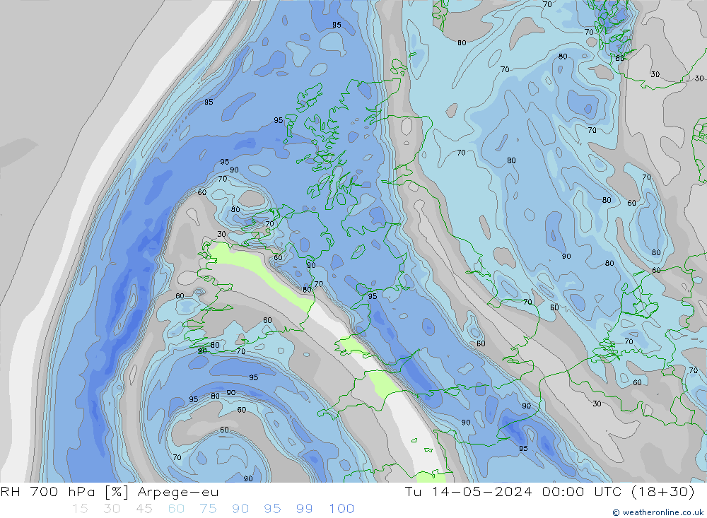 RH 700 hPa Arpege-eu Tu 14.05.2024 00 UTC