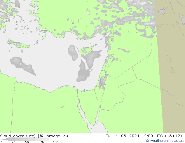 Cloud cover (low) Arpege-eu Tu 14.05.2024 12 UTC