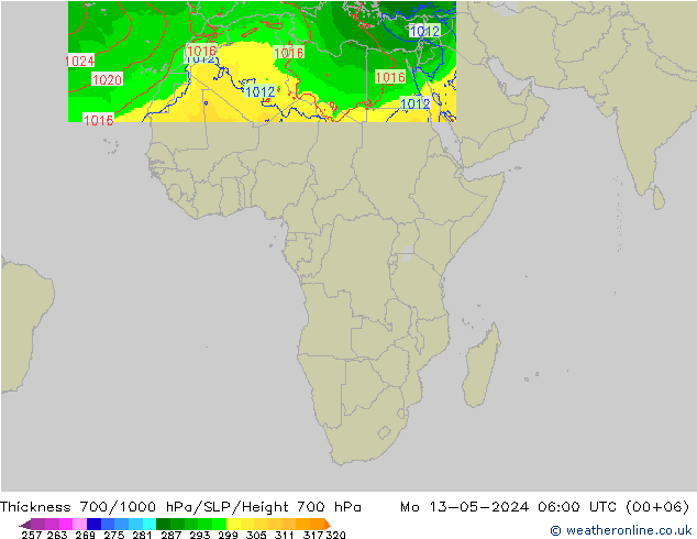 Thck 700-1000 hPa Arpege-eu  13.05.2024 06 UTC