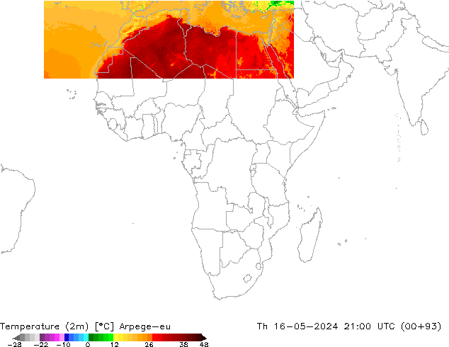Temperature (2m) Arpege-eu Th 16.05.2024 21 UTC