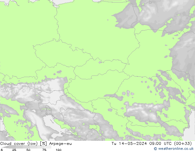 nízká oblaka Arpege-eu Út 14.05.2024 09 UTC