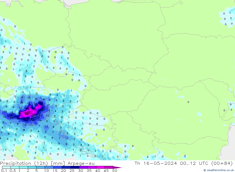 Precipitación (12h) Arpege-eu jue 16.05.2024 12 UTC