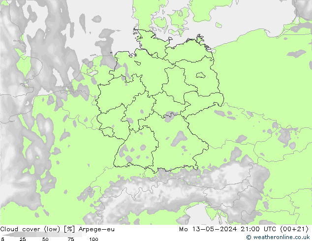 nízká oblaka Arpege-eu Po 13.05.2024 21 UTC