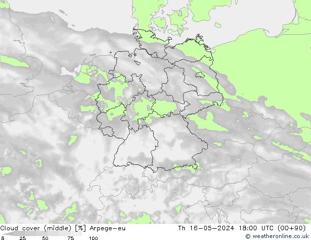 Cloud cover (middle) Arpege-eu Th 16.05.2024 18 UTC