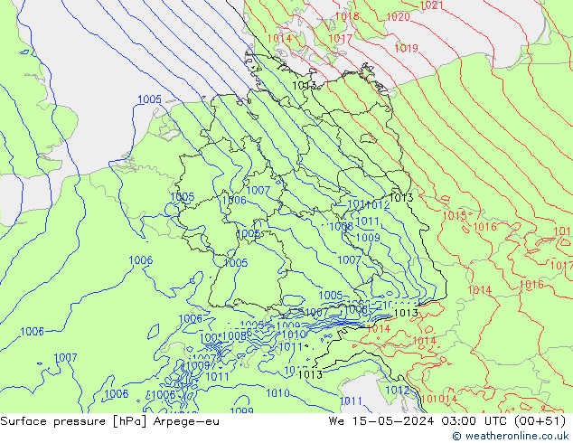 Pressione al suolo Arpege-eu mer 15.05.2024 03 UTC