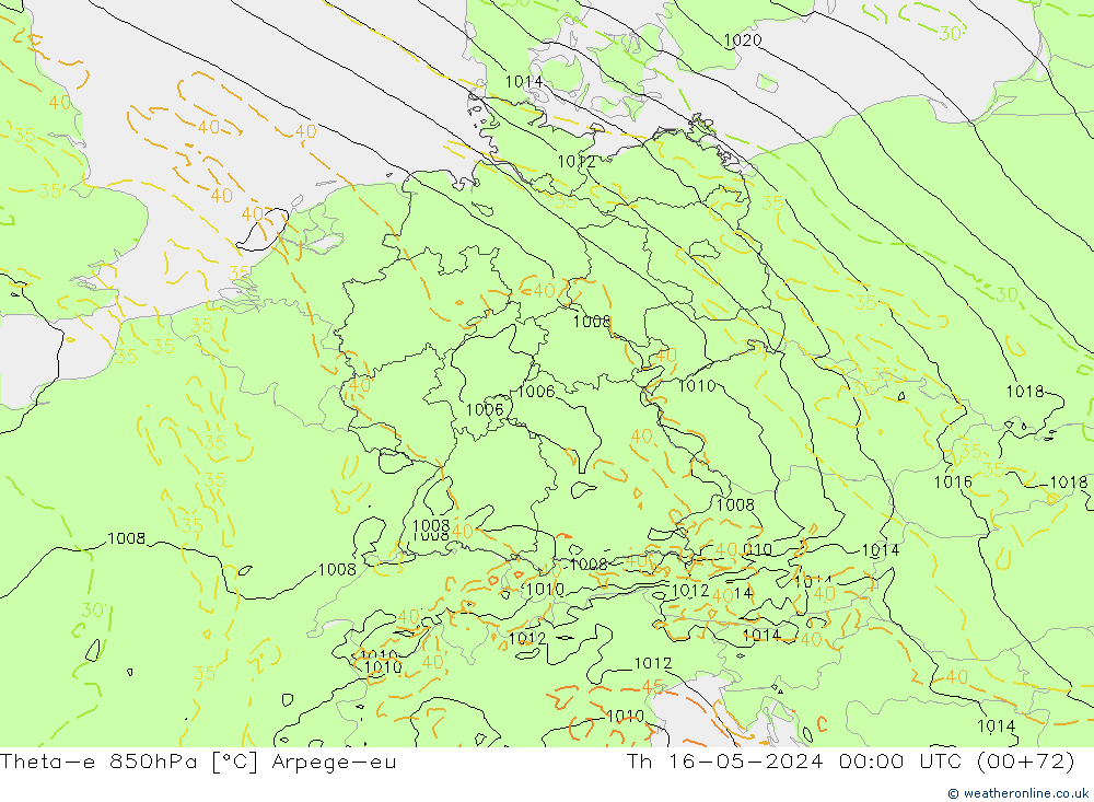 Theta-e 850hPa Arpege-eu Čt 16.05.2024 00 UTC
