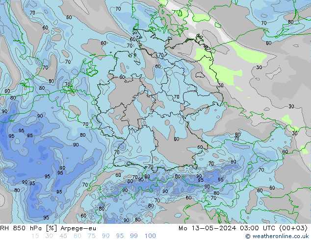 RH 850 hPa Arpege-eu 星期一 13.05.2024 03 UTC