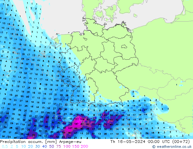 Totale neerslag Arpege-eu do 16.05.2024 00 UTC